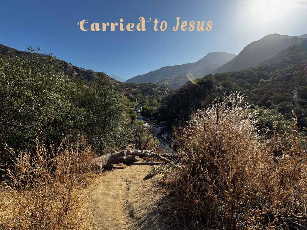 “Carried to Jesus podcast episode featured image showing a rocky trail winding through sunlit hills toward distant mountains, with the title against a blue sky.”