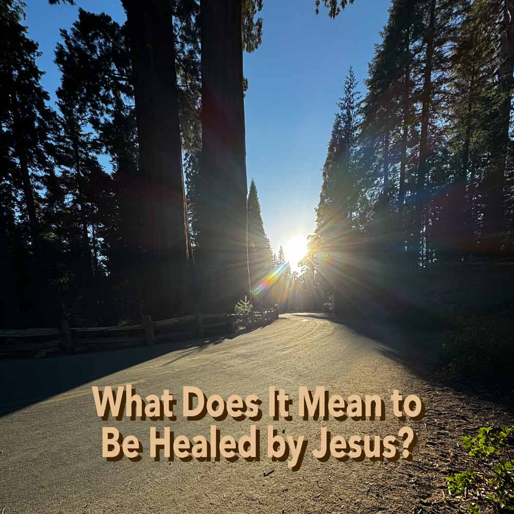 Sunlight shines through tall forest trees onto a winding road. Text reads: “What Does It Mean to Be Healed by Jesus?”